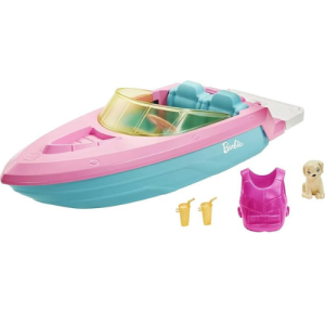 Barbie Toy Boat with Pet Puppy, Life Vest & Beverage Accessories, Fits 3 Dolls & Floats in Water