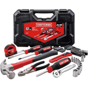 CRAFTSMAN Home Tool Kit / Mechanics Tool Set, 57-Piece, Hammer, Screwdrivers, Drill Bits, Sockets, Ratchet, Hex Keys, Tape Measure, Pliers and More (CMMT99446)