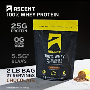 Ascent 100% Whey Protein Powder - Post Workout Whey Protein Isolate, Zero Artificial Flavors & Sweeteners, Gluten Free, 5.5g BCAA, 2.6g Leucine, Essential Amino Acids, Chocolate 2 lb