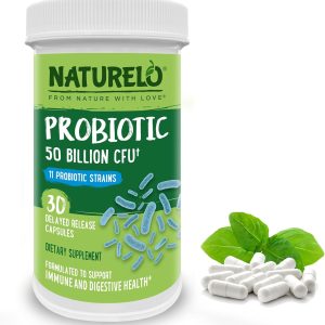NATURELO Probiotic Supplement - 50 Billion CFU - 11 Strains - One Daily - Helps Support Digestive & Immune Health - Delayed Release - No Refrigeration Needed - 30 Vegan Capsules