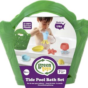 Green Toys Tide Pool Bath Set - 7 Piece Pretend Play, Motor Skills, Kids Bath Toy Floating Pouring Shells with Storage Bag. No BPA, phthalates, PVC. Dishwasher Safe, Recycled Plastic, Made in USA.