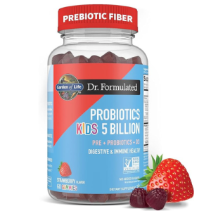 Garden of Life Dr Formulated 5 Billion CFU Prebiotic Fiber, Probiotic and Vitamin D3 Gummies for Kids Digestive & Immune Health – Gluten Free, Non GMO, No Added Sugars, Strawberry Flavor, 60 Gummies
