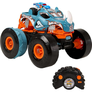 Hot Wheels Monster Trucks RC Toy, Remote-Control Transforming Rhinomite in 1:12 Scale & 1:64 Scale Race Ace, Converts into Launcher, Connects to Track