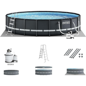 Intex Ultra Frame 26' x 52" Round above Ground Outdoor Swimming Pool Set with 2100 GPH Sand Filter Pump, Ground Cloth, Ladder, and Pool Cover