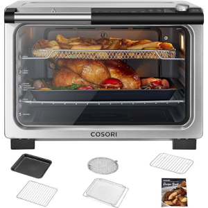 COSORI 11-in-1 Ceramic Air Fryer Toaster Oven Combo, Flat-Sealed Heating Elements for Easy Cleanup, Innovative Burner Function, 5 Accessories & Recipes, 26QT, Silver, Stainless Steel