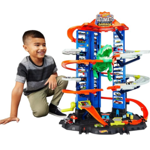 Hot Wheels Toy Car Track Set, Hot Wheels City Toy Car Track Set, Ultimate Garage with T-Rex Dinosaur, Store 100+ 1:64 Scale Vehicles, 3-ft Tall, with 2 CarsCross Crash with 1:64 Scale Vehicle, Powered by a Motorized Booster